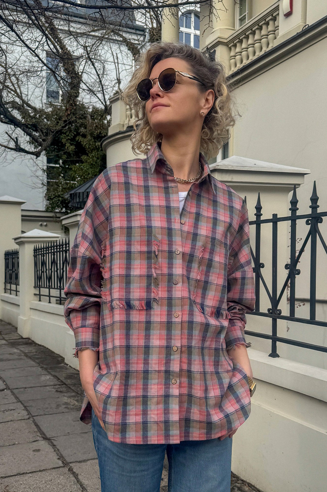 KOSZULA FLANELOWA SHARKI PINK - ORGANIC COTTON